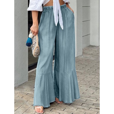 Leisure Solid Ruffle Wide Leg Pocket Pants