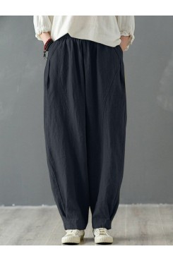 Solid Cotton Pocket Elastic Waist Casual Loose Pants