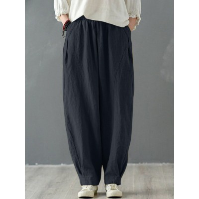 Solid Cotton Pocket Elastic Waist Casual Loose Pants