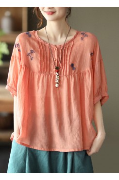 Vintage Orange O-Neck Embroideried Linen Tops Half Sleeve