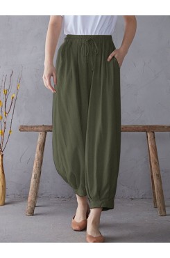 Solid Elastic Waist Drawstring Pocket Cotton Casual Pants