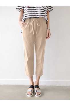 Leisure Solid Drawstring Pocket Cotton Casual Pants