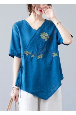 Women Blue Asymmetrical  Shirt Tops Half Sleeve