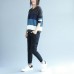 autumn winter patchwork woolen knit tops plus size casual blue gray striped sweater