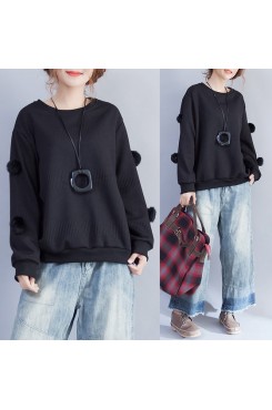 2021 winter black fuzzy ball decorated woolen sweater plus size o neck fashion knit tops