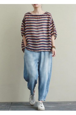 New casual suit female loose large size red and blue striped T-shirt Tencel blue jeans two-piece suit