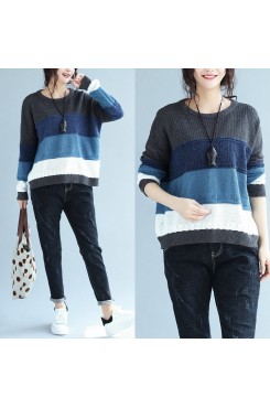 autumn winter patchwork woolen knit tops plus size casual blue gray striped sweater