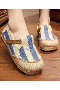 Blue Striped Cotton Fabric Flats Splicing Flat Shoes For Women