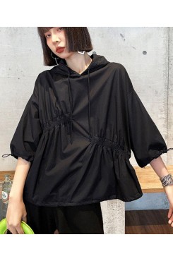 Unique Black hooded Cinched Half Sleeve Top