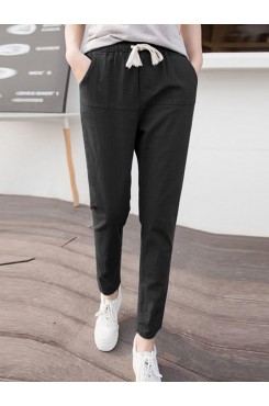 Solid Pocket Drawstring Elastic Waist Casual Tapered Pants
