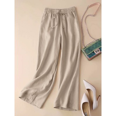 Solid Drawstring Pocket Elastic Waist Casual Pants