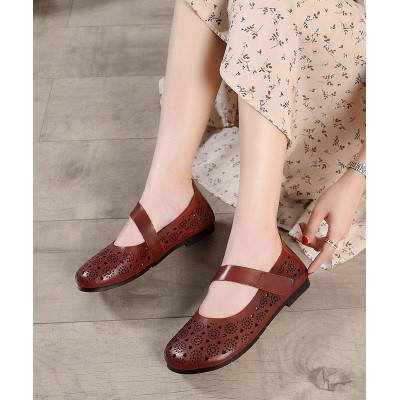 Hollow Out Brown Flat Feet Shoes Buckle Strap Flat Shoes