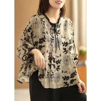 Art Beige Print Asymmetric Top Cotton Linen V Neck