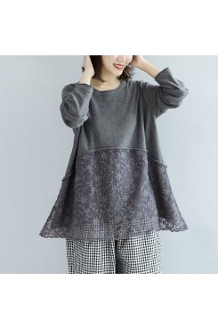 Sweet lace patchwork cotton knit sweaters gray pullover knit tops