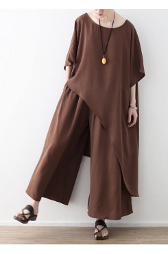 Women Asymmetric Hem Chiffon Box Top Work Brown Tunic Blouse Summer