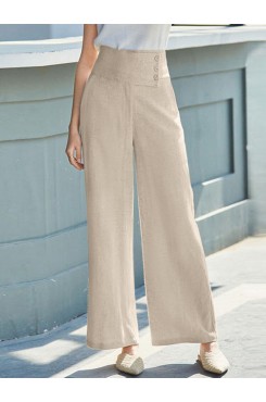 Solid Pocket Button Wide Leg High Waist Casual Pants