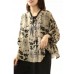 Art Beige Print Asymmetric Top Cotton Linen V Neck