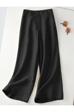 Leisure Solid Button Pocket Wide Leg Cotton Pants