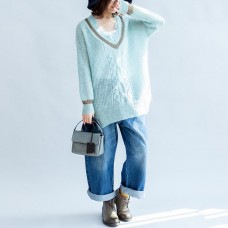 new light blue warm woolen sweater oversized casual v neck knit tops