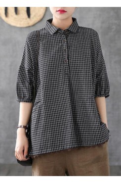 Dark Grey Peter Pan Collar Button Pockets Fall Plaid Half Sleeve Top