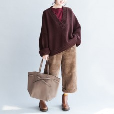 Plus size Brown cotton sweaters burgundy casual loose long knit pullover