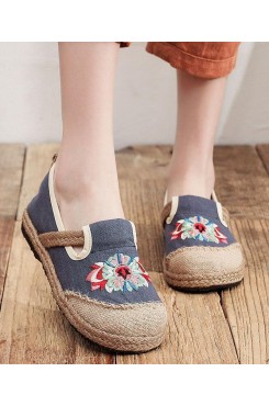 Grey Embroideried Flats Cotton Linen Fabric Boutique  Flat Feet Shoes