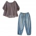 New casual suit female loose large size red and blue striped T-shirt Tencel blue jeans two-piece suit