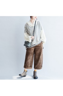 new winter striped patchwork woolen sweater hooded plus size casual long sleeve knit tops