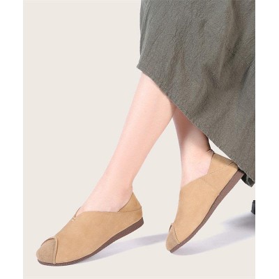 Khaki Cowhide Leather Flats Splicing Flat Feet Shoes