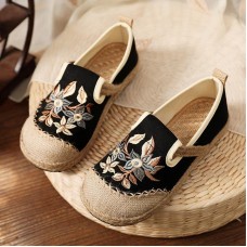 Black Embroideried Cotton Linen Fabric Splicing Flat Shoes