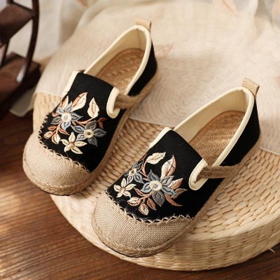 Black Embroideried Cotton Linen Fabric Splicing Flat Shoes